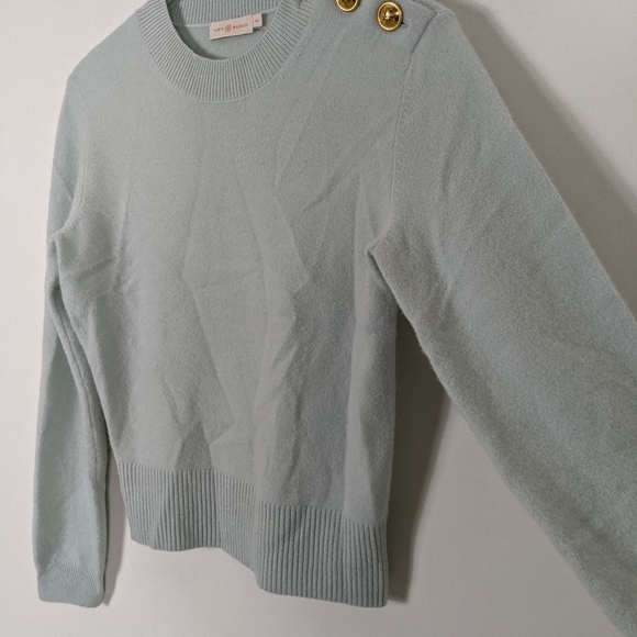 Tory Burch Seafoam Green Wool Blend Crew Neck Button Accent Sweater Medium - Picture 6 of 8